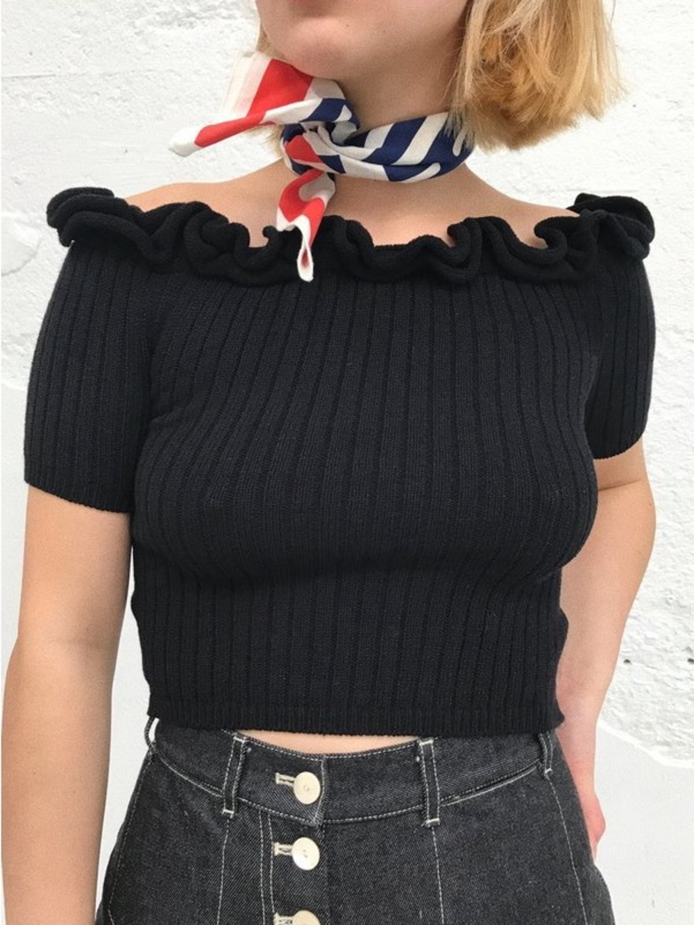 NWOT TACH Checa Knit Black Ribbed Off-Shoulder Ruffle Crop Sweater